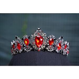 Sultry Vintage Silver Ruby Red Dark Crystal Tiara Bridal Goth Crown Birthday